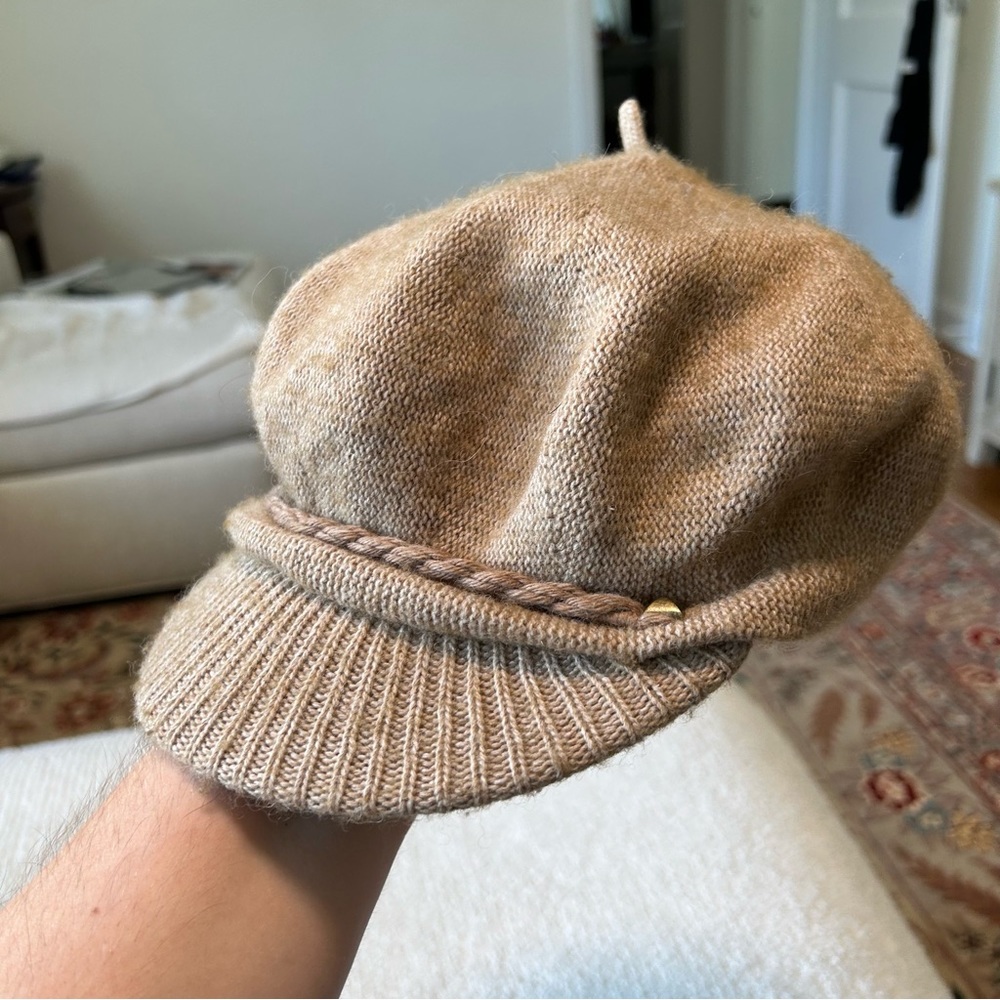 LRL tan knitted beret cap studded twist accent extra fine wool and alpaca blend